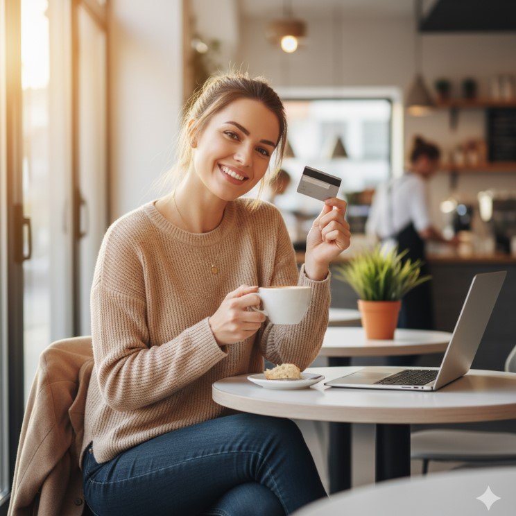 Client smiling in a café after credit improvement